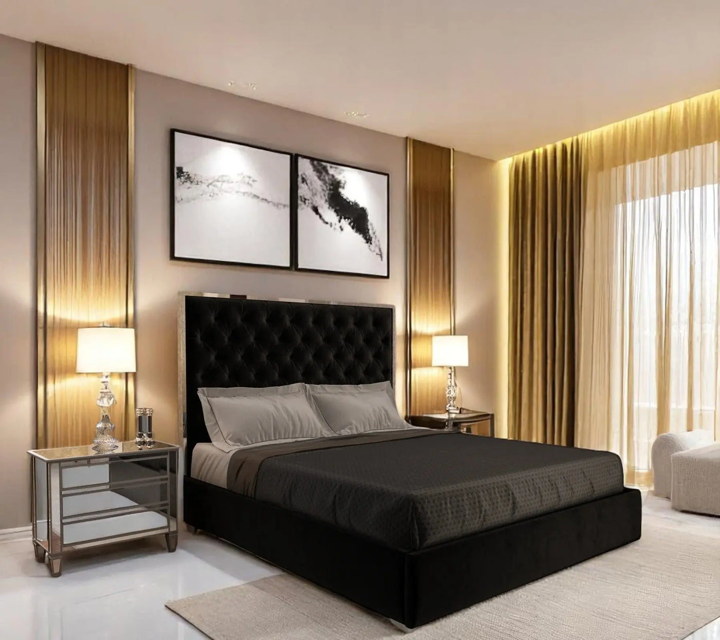 Olivia Velvet Tufted Upholstered Bed Frame Silver Edges - Black Furniture Valley