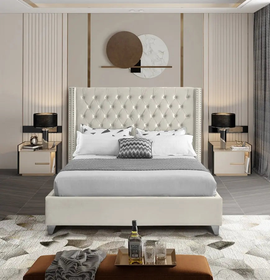 Aiden Tufted Button Velvet Bed Frame - Cream Furniture Valley
