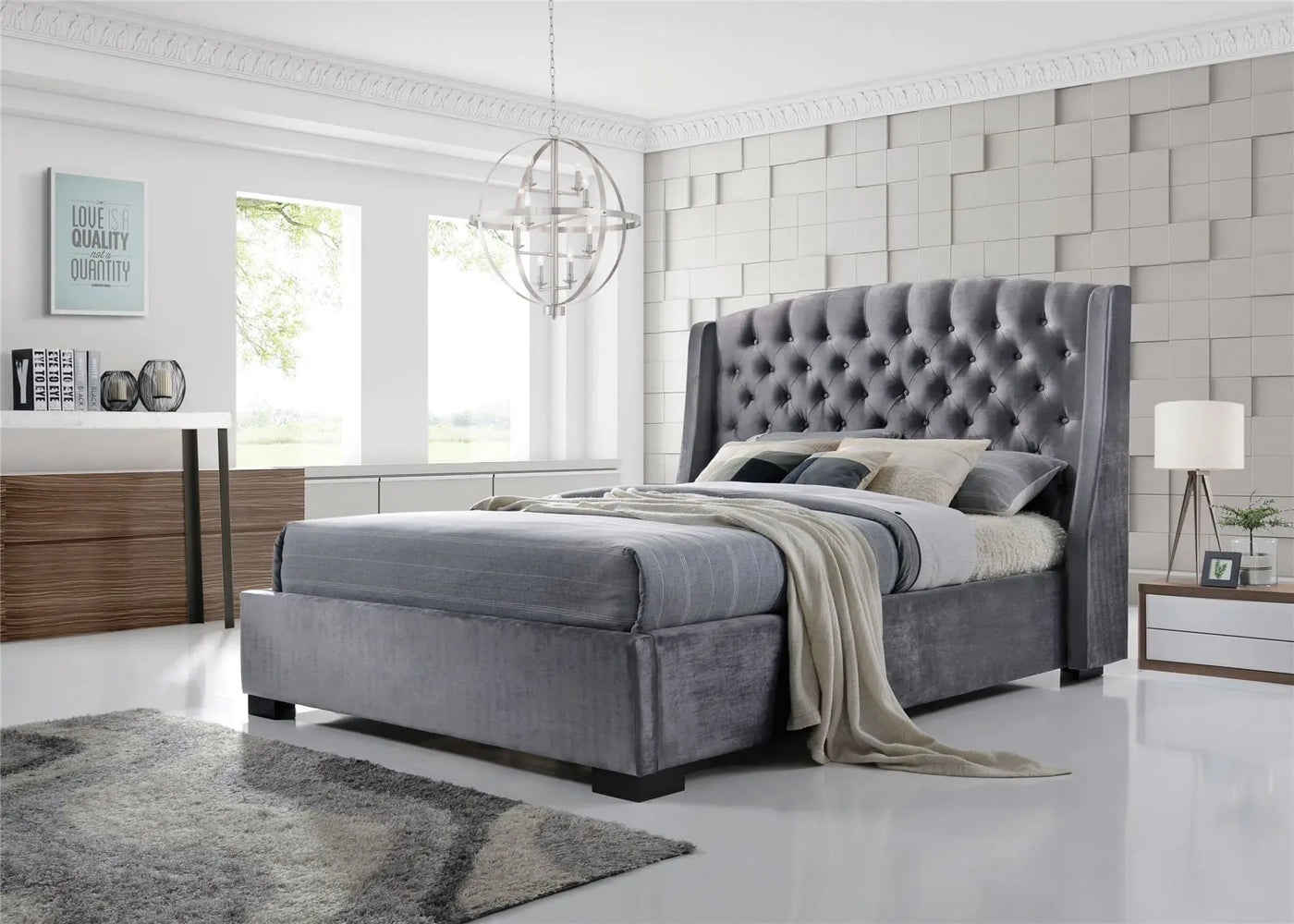 Salween Wing Style Luxury Tufted Upholstered Bed Frame - Silver Grey