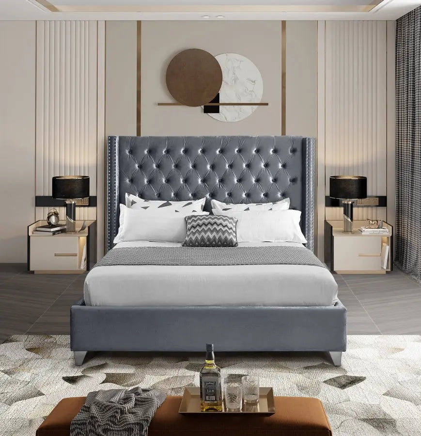 Aiden Tufted Button Velvet Bed Frame -  Grey Furniture Valley