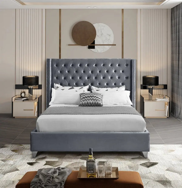 Aiden Tufted Button Velvet Bed Frame -  Grey Furniture Valley