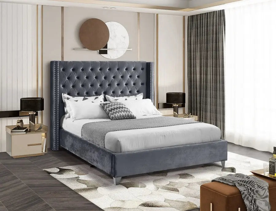 Aiden Tufted Button Velvet Bed Frame -  Grey – Modern Luxury Furniture – Furniture Valley Australia