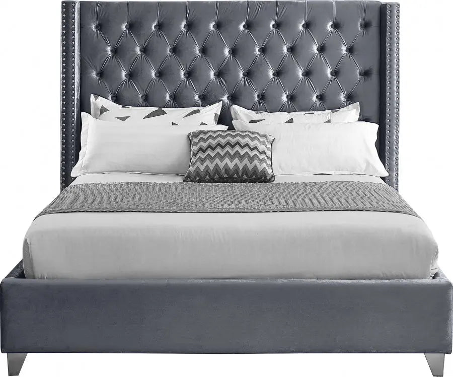 Aiden Tufted Button Velvet Bed Frame -  Grey – Modern Luxury Furniture – Furniture Valley Australia
