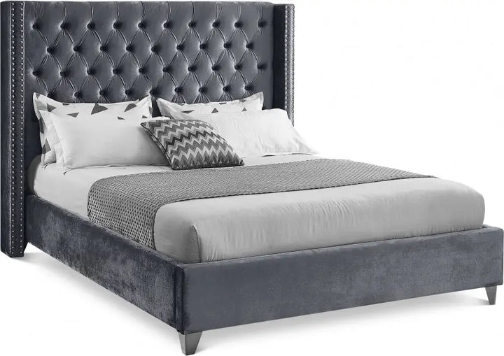 Aiden Tufted Button Velvet Bed Frame -  Grey Furniture Valley