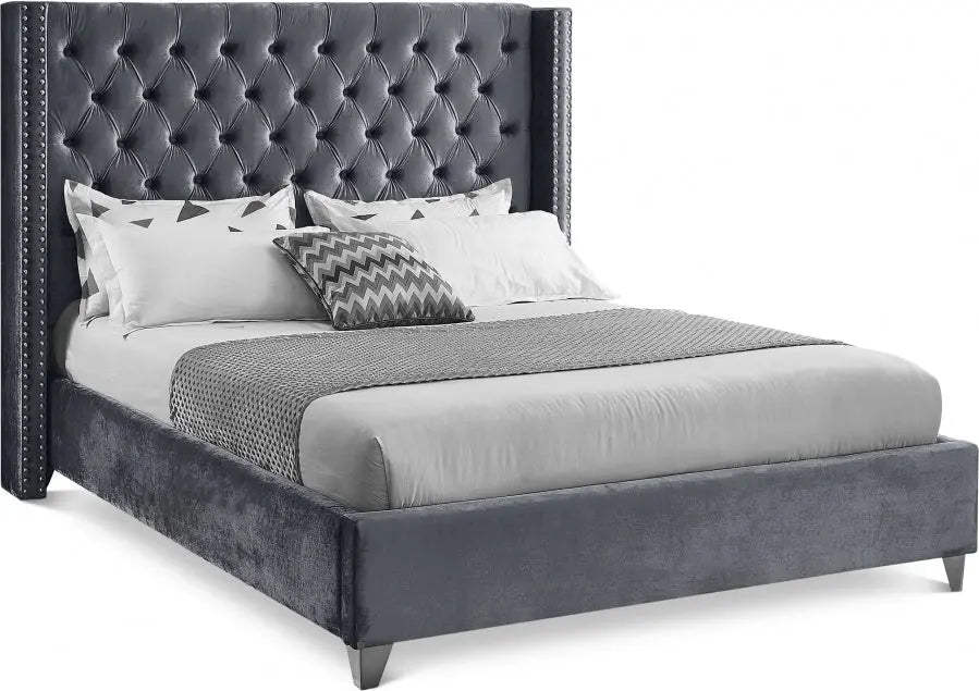Aiden Tufted Button Velvet Bed Frame -  Grey Furniture Valley