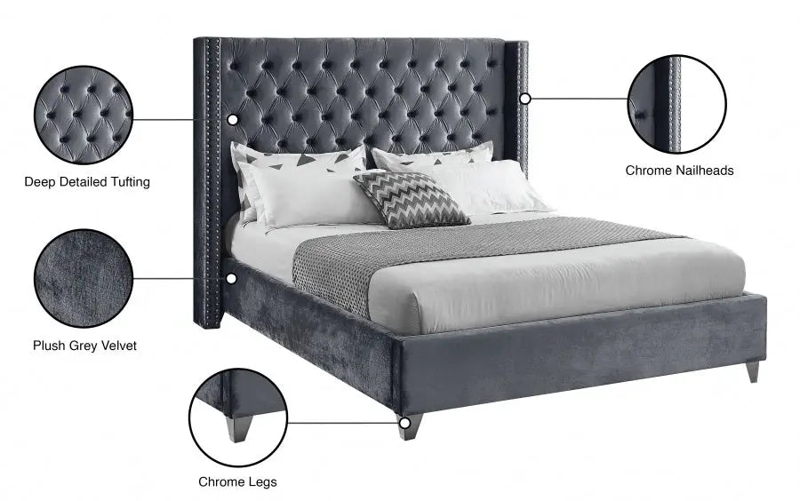 Aiden Tufted Button Velvet Bed Frame -  Grey – Modern Luxury Furniture – Furniture Valley Australia