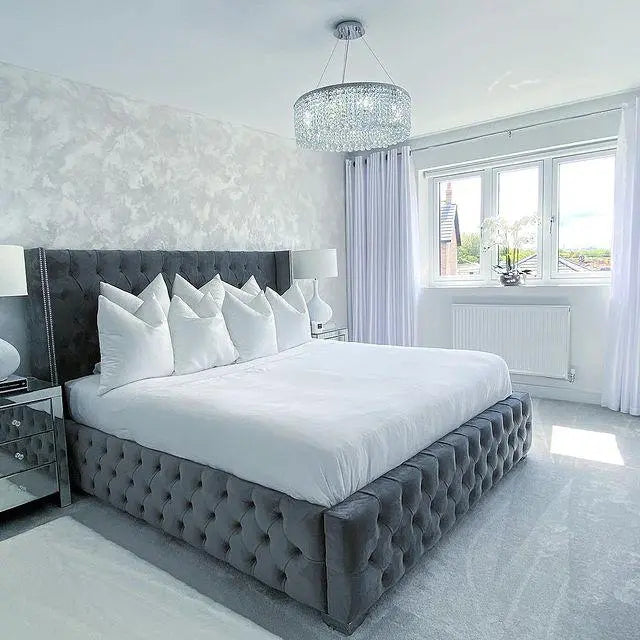 Imperial Luxurious Button Tufted Fabric Bed Frame  Dark Grey Furniture Valley