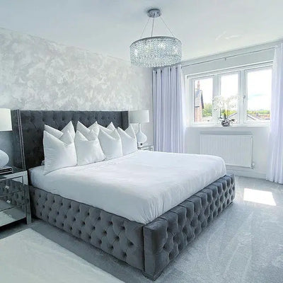 Imperial Luxurious Button Tufted Fabric Bed Frame  Dark Grey Furniture Valley