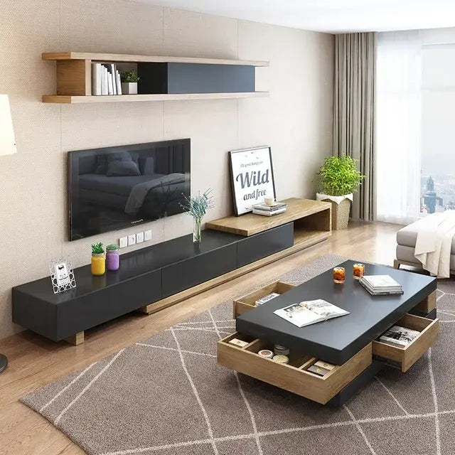 "Extendable entertainment unit in contemporary style for living room setup