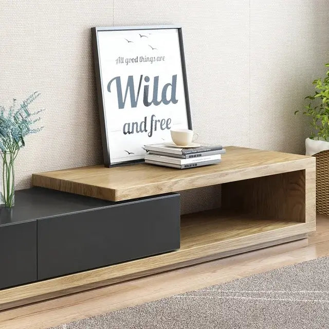 "Minimalist modern TV unit with extendable sections for added storage"

