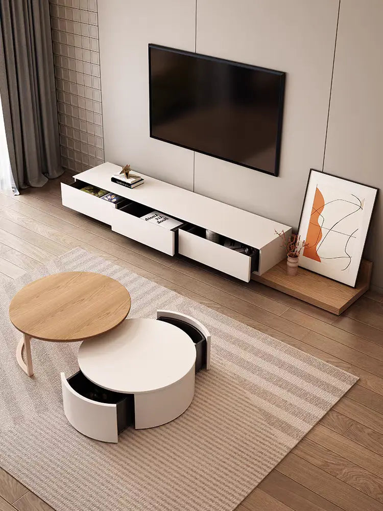 Krater Rectangle Extendable TV Unit  Media Console White & Wood – Modern Luxury Furniture – Furniture Valley Australia