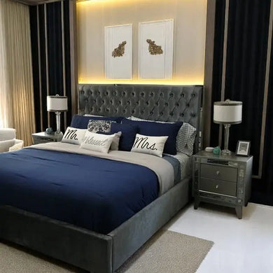 Olivia Velvet Tufted Upholstered  Bed Frame Silver  Chrome Edges - Dark Grey Furniture Valley