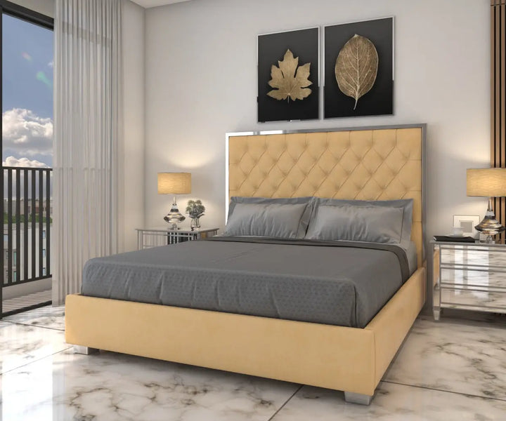 Olivia Velvet Tufted Upholstered  Bed Frame Silver Edges Furniture Valley