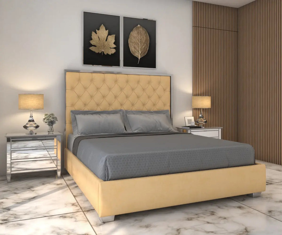 Olivia Velvet Tufted Upholstered  Bed Frame Silver Edges – Modern Luxury Furniture – Furniture Valley Australia