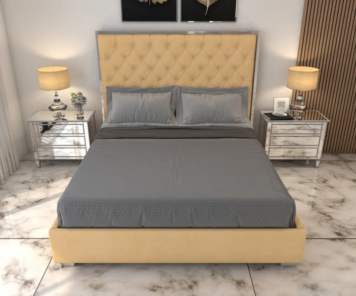 Olivia Velvet Tufted Upholstered  Bed Frame Silver Edges Furniture Valley