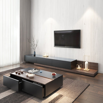 Contemporary TV Unit - Krater Modern Luxury Design - Black and Walnut - Extensible tabletop, three drawers, and open storage