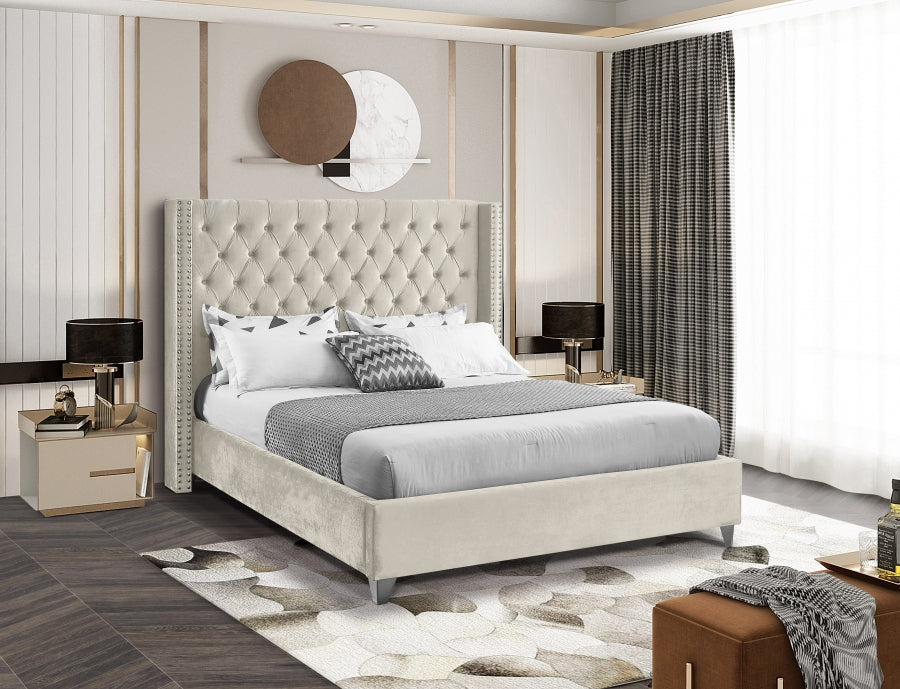 Aiden Tufted Button Velvet Bed Frame - Cream