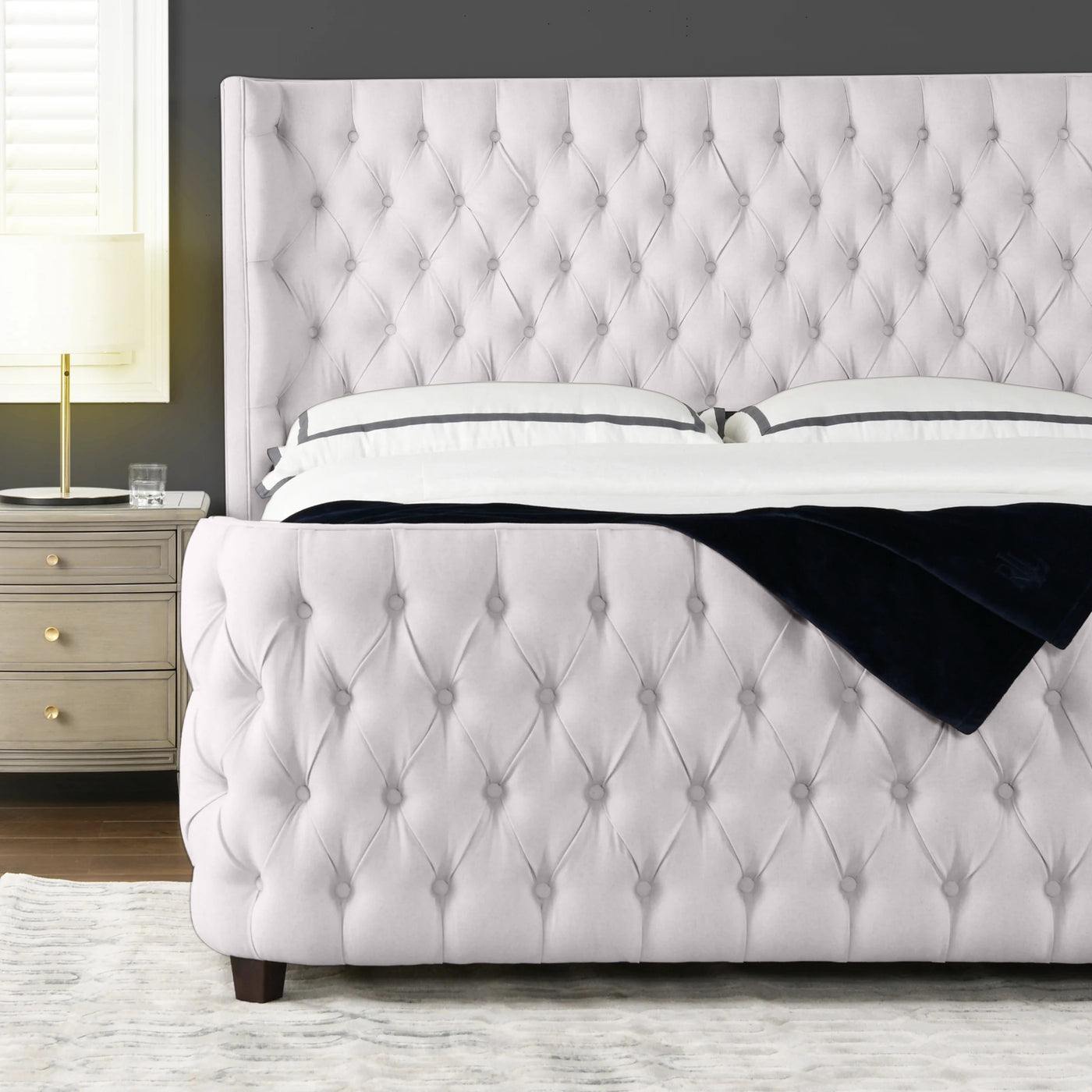 Ballina Luxury Bed Frame Velvet Upholstered Button Tufted- Wingback Style White KING