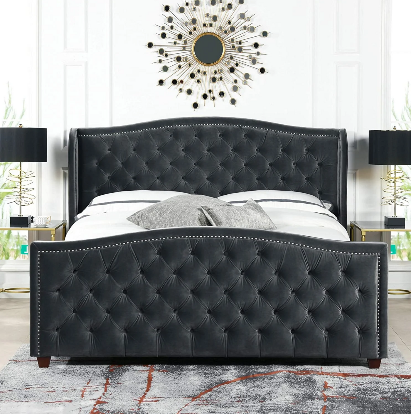 Marcella Charming Farmhouse Glam Wingback Panel Bed: Plush Upholstered Bedroom Furniture