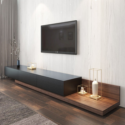 Krater Modern Luxury TV Unit in Black and Walnut - Sleek and functional TV stand with extendable design, three drawers, and open storage compartments