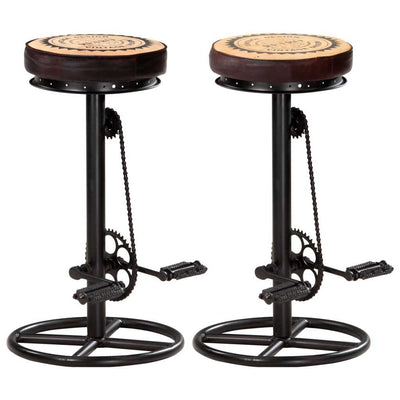 Bar Stools with Canvas Print 2 pcs Black and Brown Real Leather