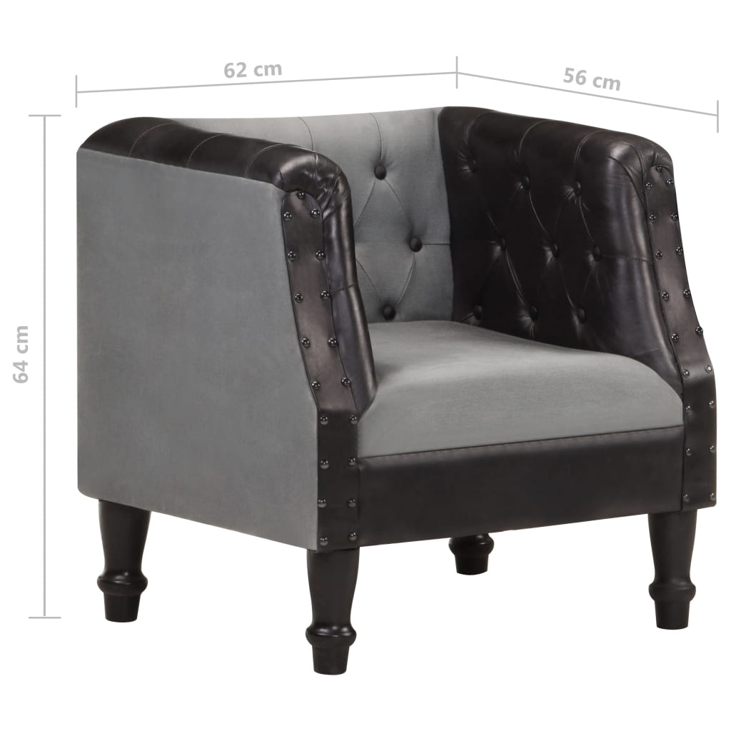 Tub Chair Black Real Leather and Solid Mango Wood
