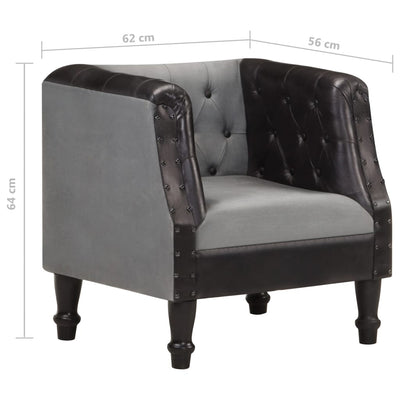 Tub Chair Black Real Leather and Solid Mango Wood