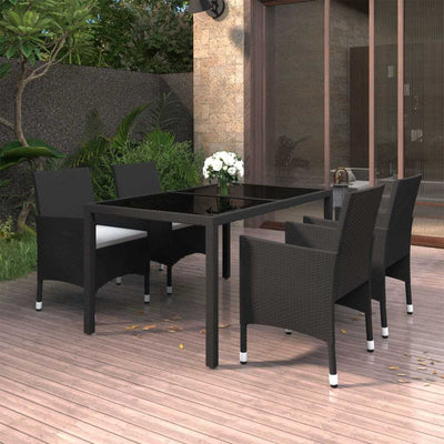 5 Piece Garden Dining Set Poly Rattan and Tempered Glass Black