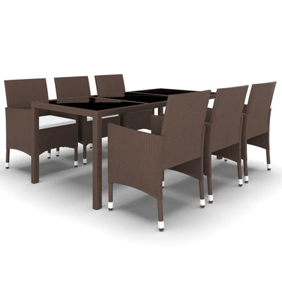 7 Piece Garden Dining Set Poly Rattan and Tempered Glass Brown