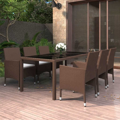 7 Piece Garden Dining Set Poly Rattan and Tempered Glass Brown