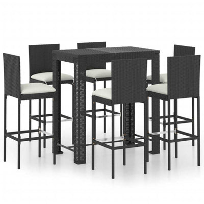 7 Piece Outdoor Bar Set with Cushions Poly Rattan Black