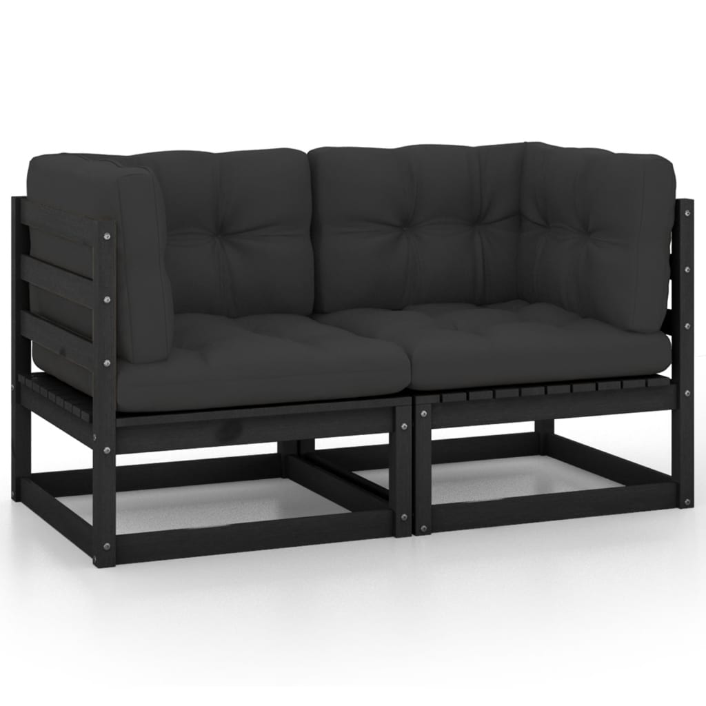 Garden 2-Seater Sofa with Cushions Black Solid Pinewood