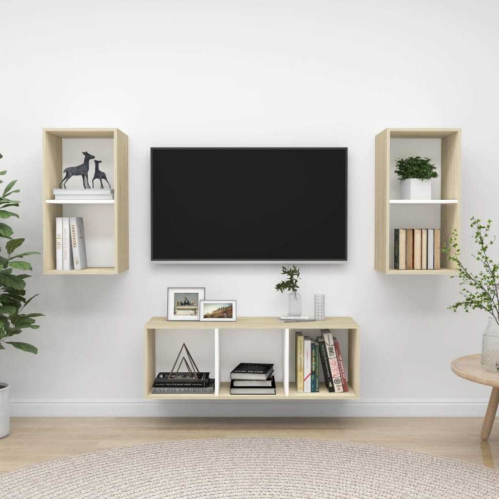 3 Piece TV Cabinet Set White and Sonoma Oak Chipboard