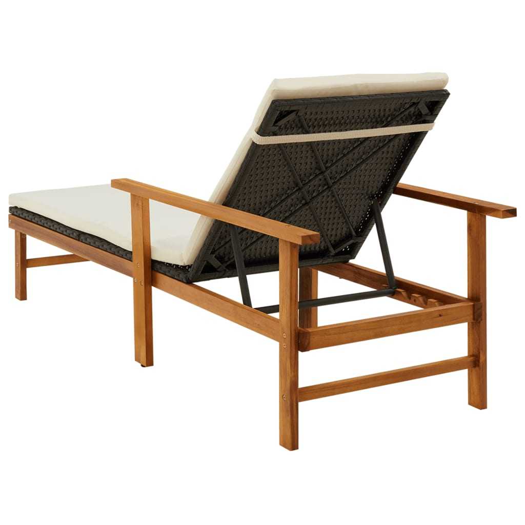 Sun Lounger with Cushion Poly Rattan & Solid Acacia Wood Black