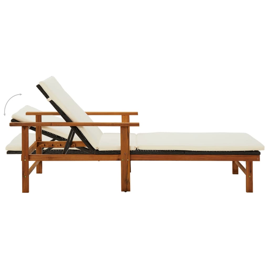 Sun Lounger with Cushion Poly Rattan & Solid Acacia Wood Black