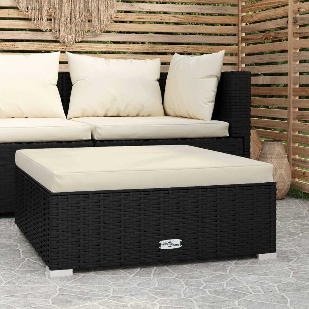 Garden Footrest with Cushion Black 70x70x30 cm Poly Rattan