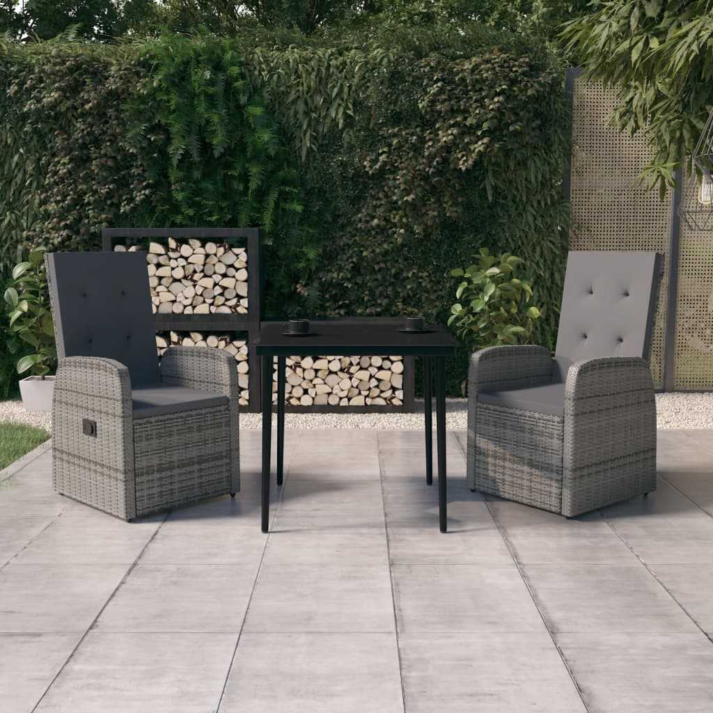 3 Piece Garden Dining Set with Cushions Grey
