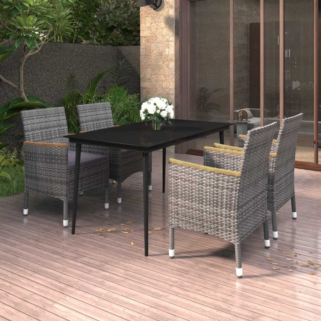 5 Piece Garden Dining Set with Cushions Poly Rattan and Glass