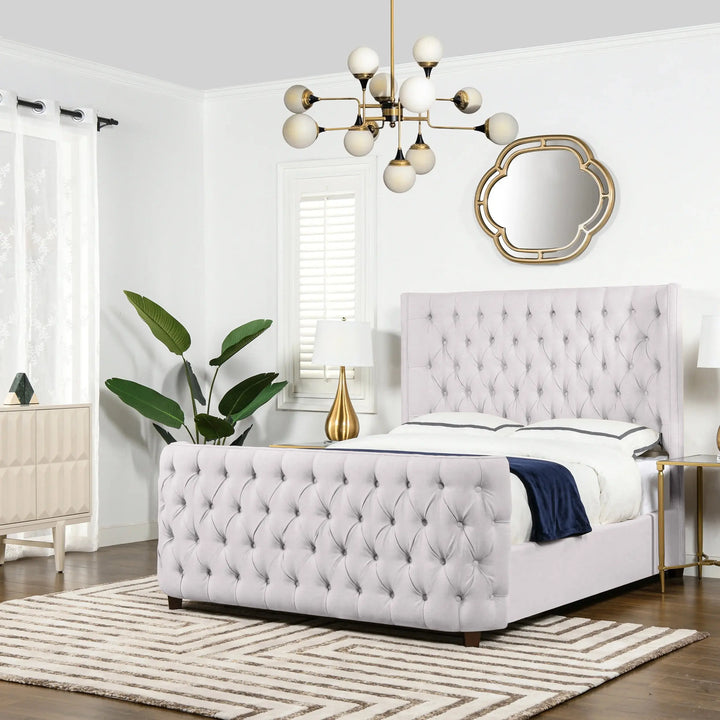 Ballina Luxury Bed Frame Velvet Upholstered Button Tufted- Wingback Style White KING INTEX