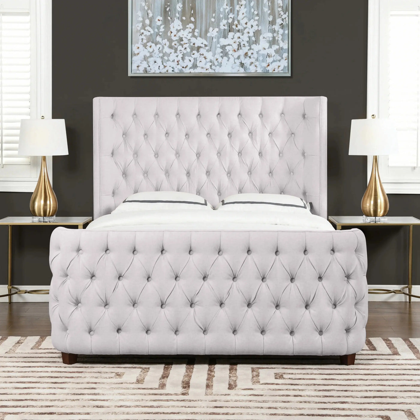 Ballina Luxury Bed Frame Velvet Upholstered Button Tufted- Wingback Style White KING INTEX