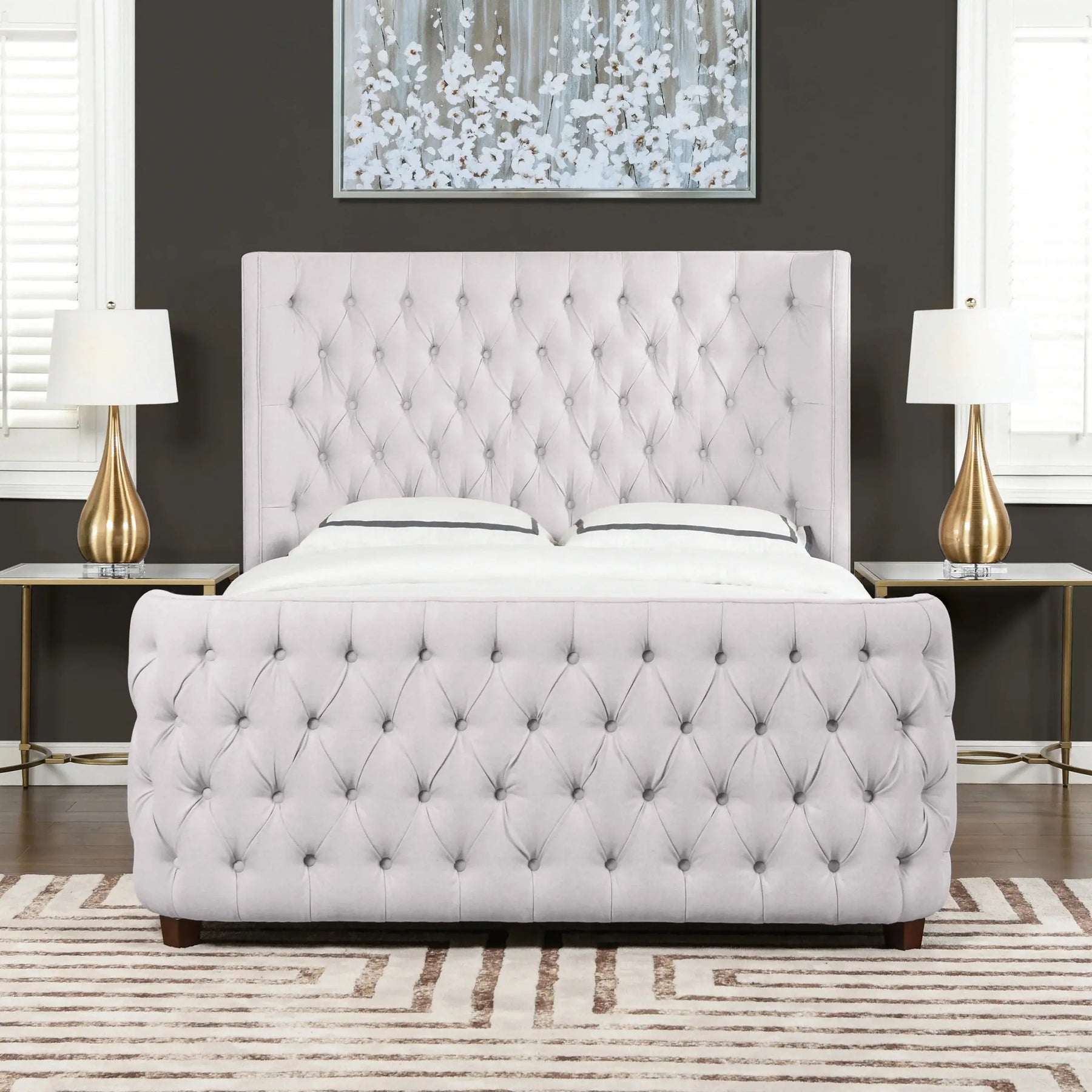 Ballina Luxury Bed Frame Velvet Upholstered Button Tufted- Wingback Style White KING INTEX