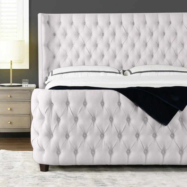 Ballina Luxury Bed Frame Velvet Upholstered Button Tufted- Wingback Style White KING INTEX