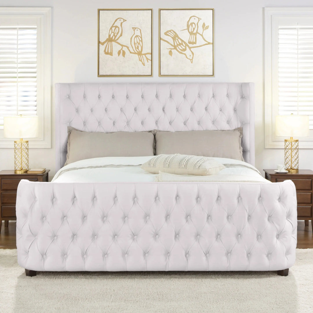 Ballina Luxury Bed Frame Velvet Upholstered Button Tufted- Wingback Style White KING – Modern Luxury Furniture – Furniture Valley Australia