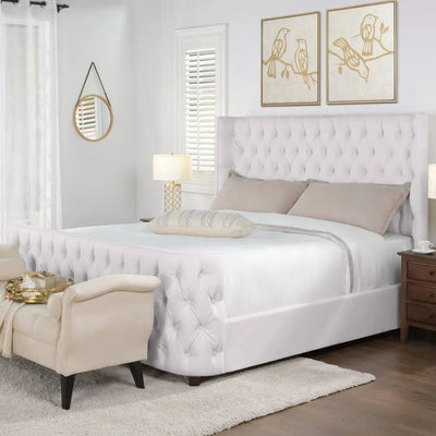 Ballina Luxury Bed Frame Velvet Upholstered Button Tufted- Wingback Style White KING INTEX