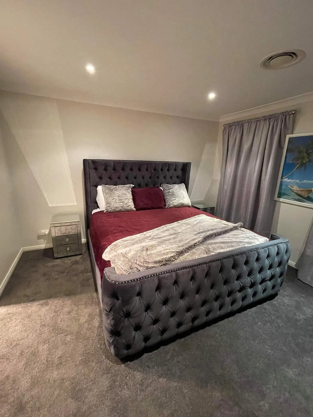 Geena Luxury velvet  Bed Frame -Dark Grey – Modern Luxury Furniture – Furniture Valley Australia