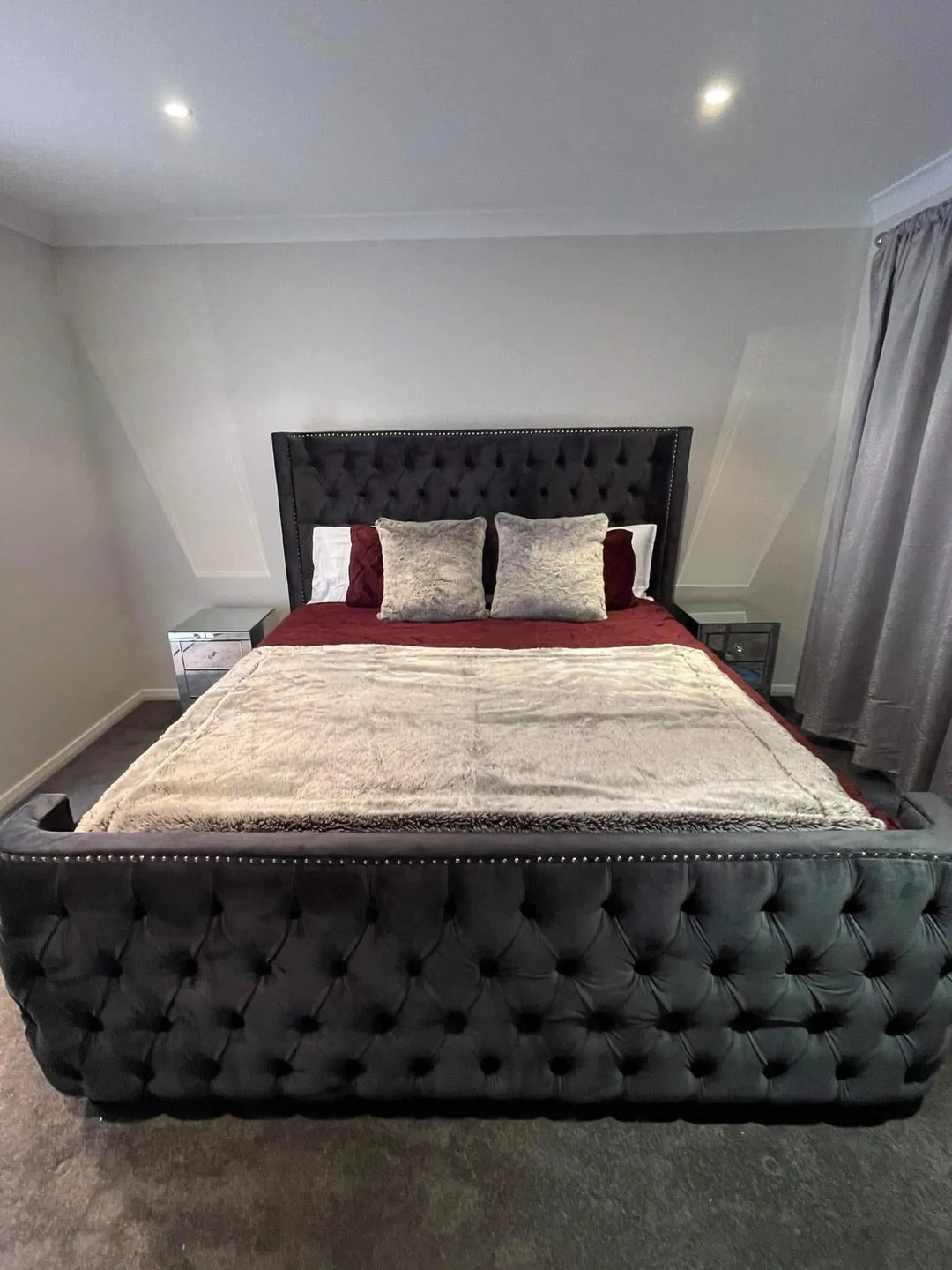 Geena Luxury velvet  Bed Frame -Dark Grey – Modern Luxury Furniture – Furniture Valley Australia