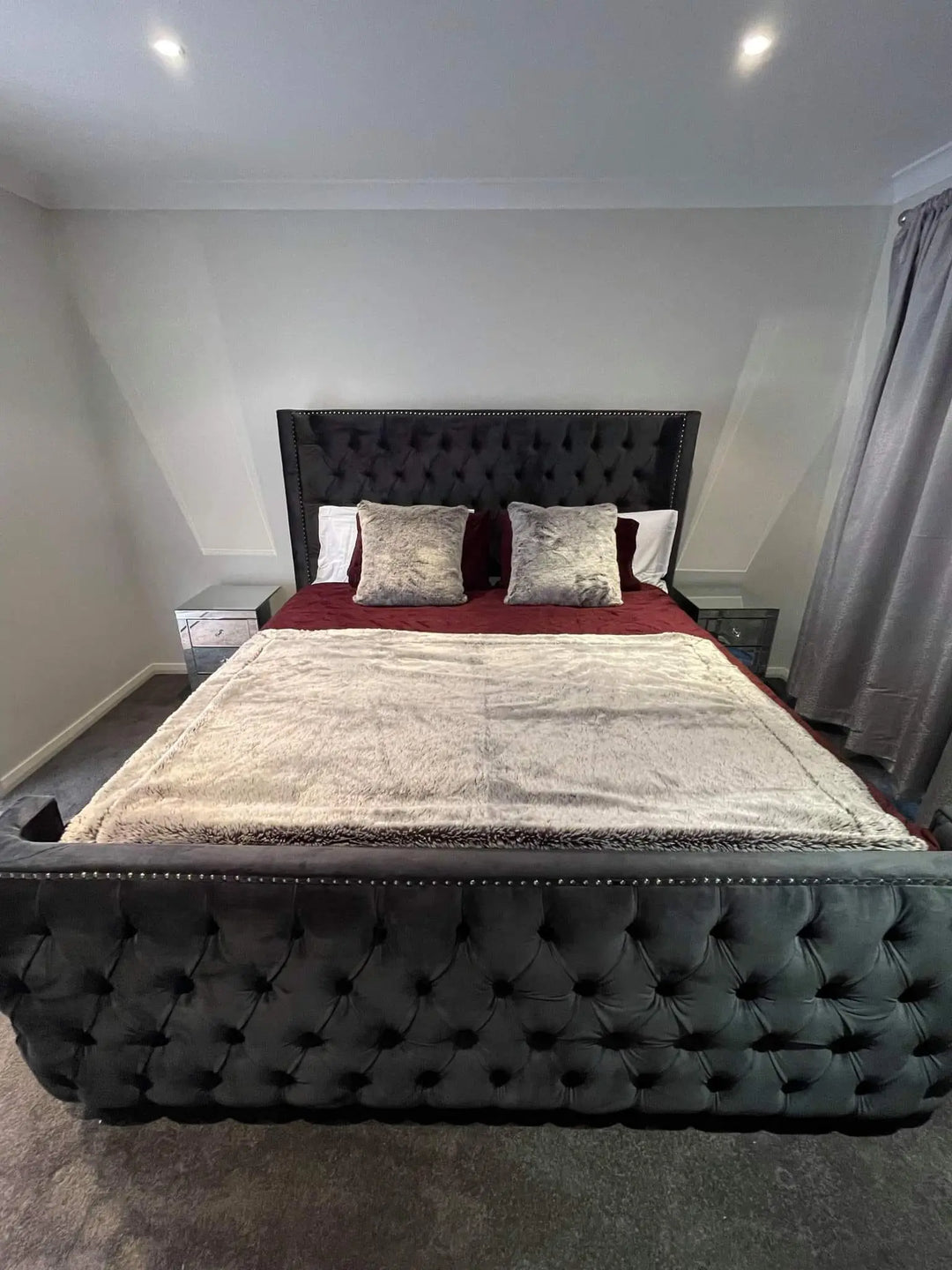 Geena Luxury velvet  Bed Frame -Dark Grey – Modern Luxury Furniture – Furniture Valley Australia