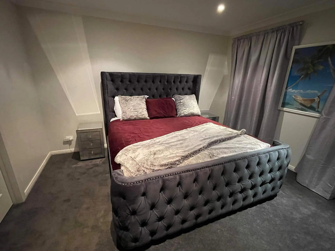 Geena Luxury velvet  Bed Frame -Dark Grey – Modern Luxury Furniture – Furniture Valley Australia