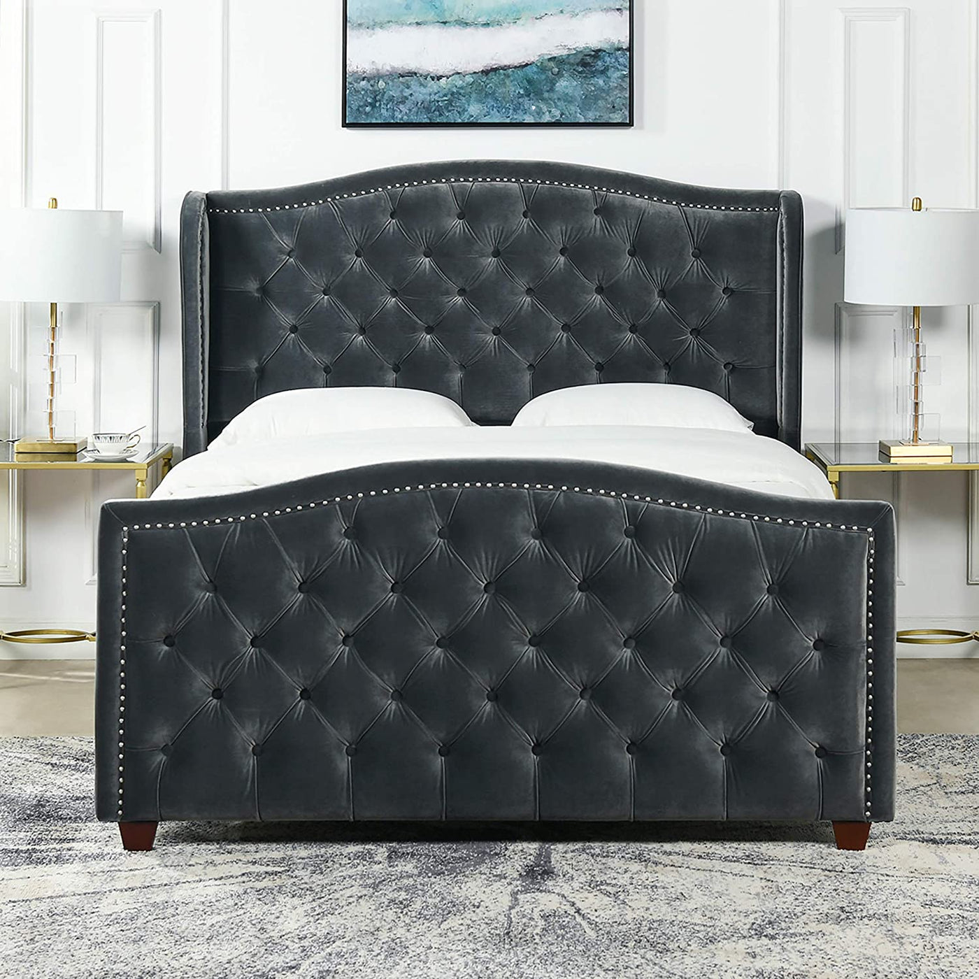 Marcella Transitional Tufted Wingback Panel Bed - Dark Grey - velvet - Bed Frame