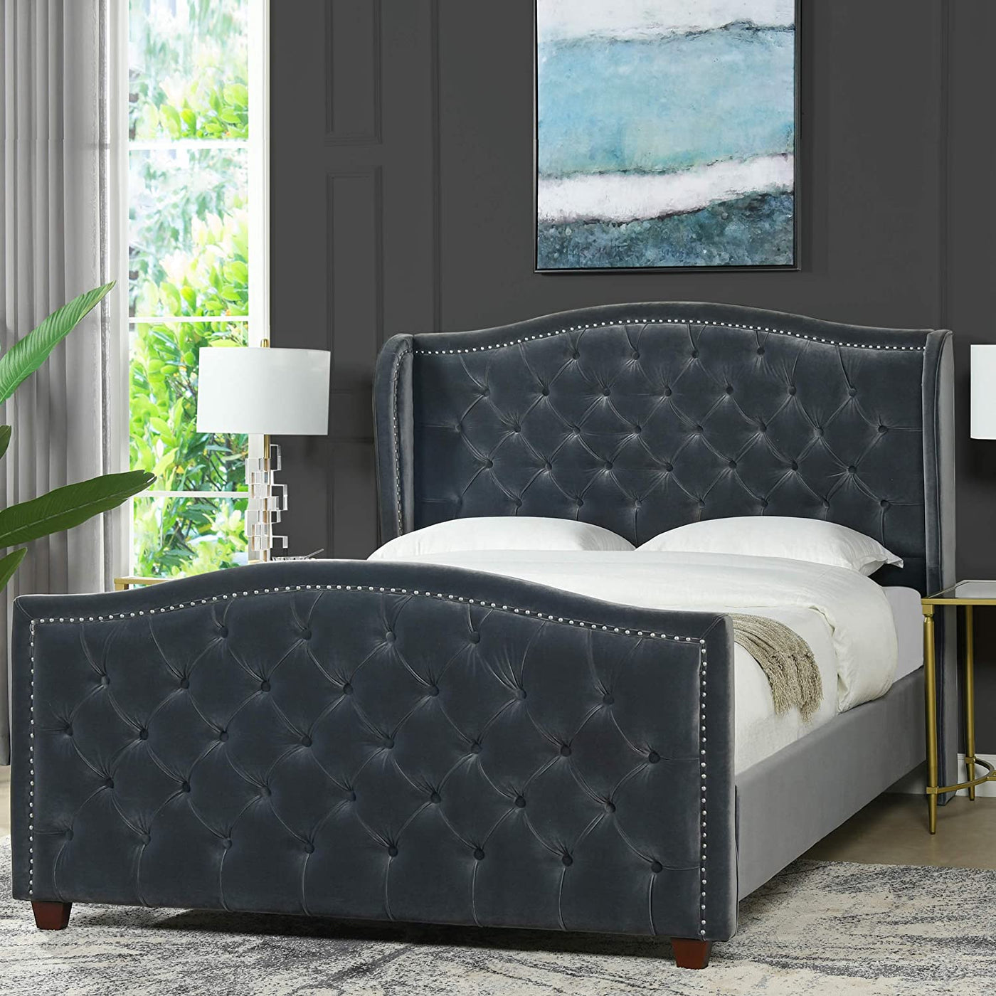 Marcella Transitional Tufted Wingback Panel Bed - Dark Grey - velvet - Bed Frame